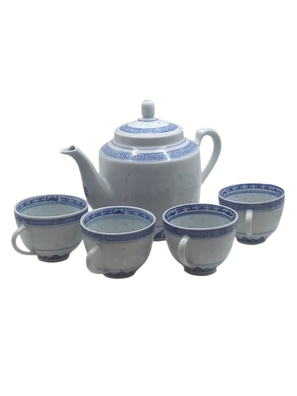 Rice Grain Dragon & Floral Porcelain Tea Set Blue on White Pot & 4 Cups China